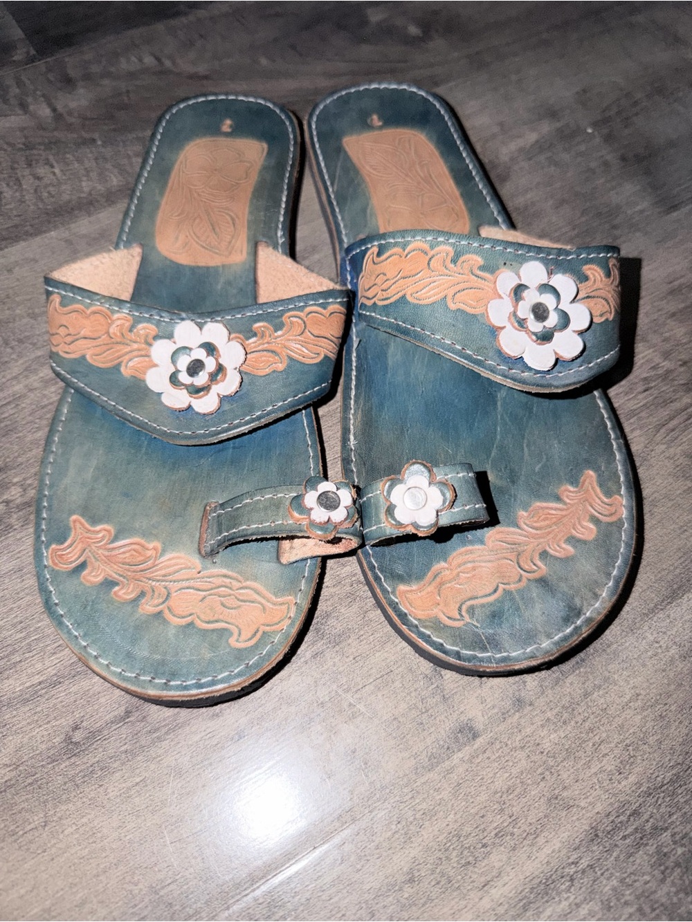 Women's Turquoise Floral tooled Leather Slide Sandals